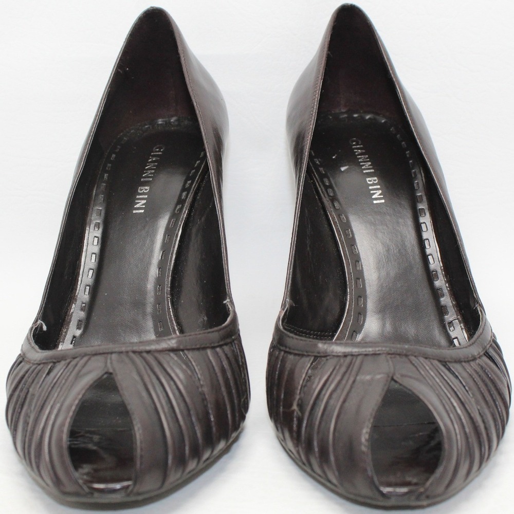 Gianni Bini Womens 10M Dark Brown‎ Leather Pleated Peep Toe Stiletto Heel Pumps